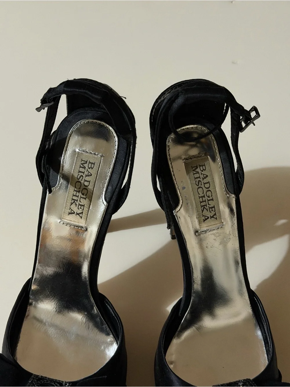 Badgley Mischka Vogue Black Satin Crystal D’Orsay 4” Stiletto Heels | Size 9